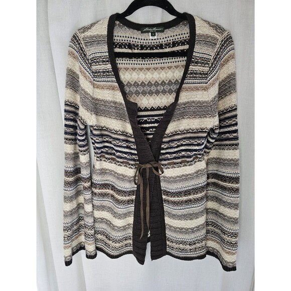 Eddie Bauer Fair Isle Drawstring Merino Wool Blend Cardigan Bell Sleeve 90s Cozy - Picture 1 of 10